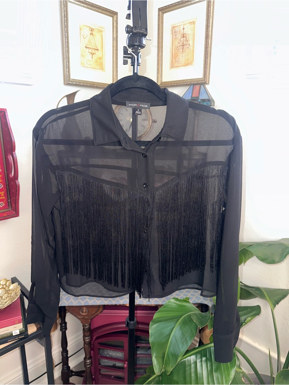 Moa Moa Black Sheer Fringe Button-Down Shirt